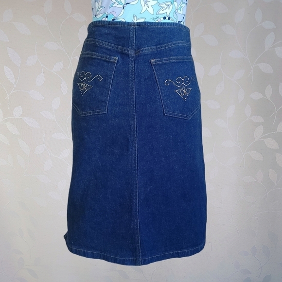 Vintage Y2K DKNY Embellished Logo Side Slits Stretch Denim Skirt Dark Wash - Picture 7 of 16